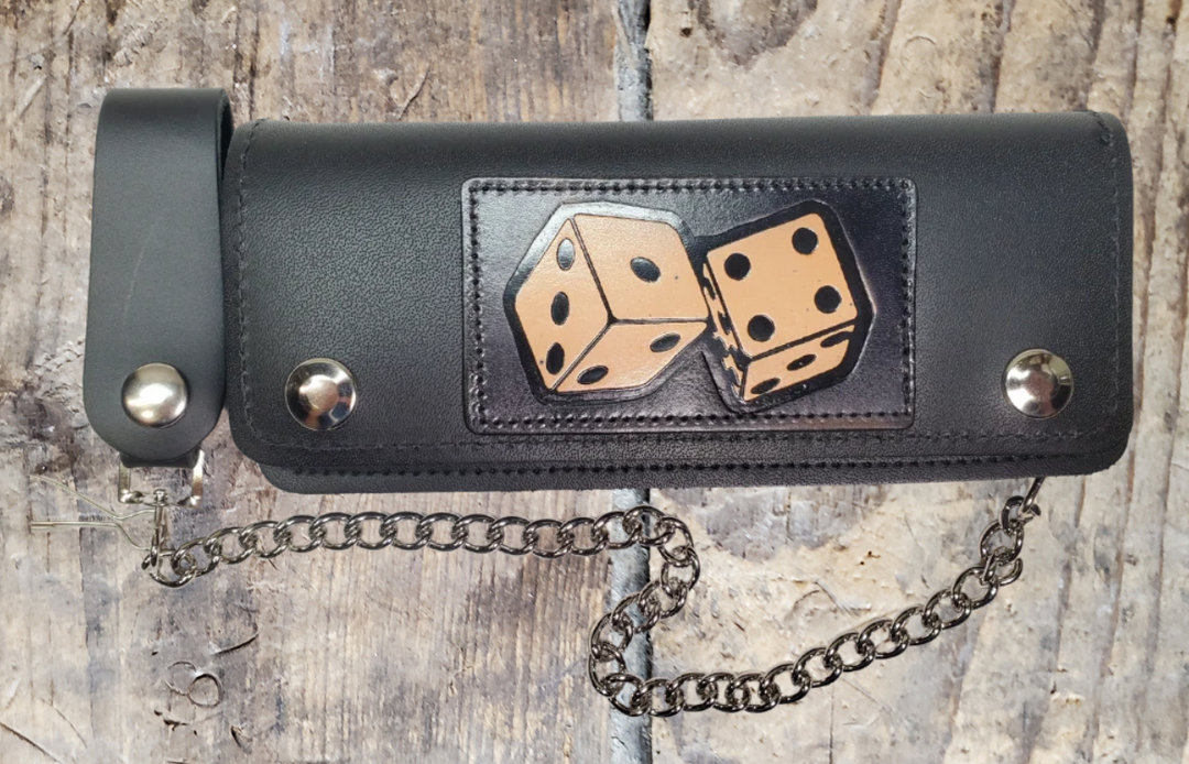 No risk on our Roll the Dice all leather Classic Long Chain Wallet, great for the Modern minimalist. One credit card slot in the front with 2 main cash or whatever your STUFF is....5 year old receipts, concert stub from high school, the stuff you forgot was in there! Available in our Smyrna, TN shop a short drive from downtown Nashville. Like most wallets over stuffing will limit the time of use. Colors may vary from picture.
2 main Cash compartments
Zippered pocket
2 card slots
