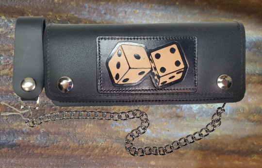 No risk on our Roll the Dice all leather Classic Long Chain Wallet, great for the Modern minimalist. One credit card slot in the front with 2 main cash or whatever your STUFF is....5 year old receipts, concert stub from high school, the stuff you forgot was in there! Available in our Smyrna, TN shop a short drive from downtown Nashville. Like most wallets over stuffing will limit the time of use. Colors may vary from picture.
2 main Cash compartments
Zippered pocket
2 card slots
