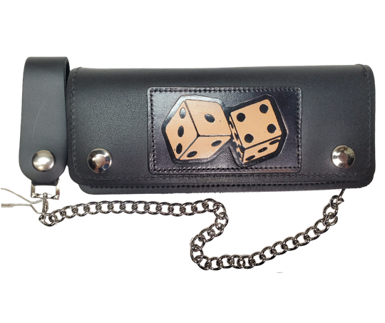 No risk on our Roll the Dice all leather Classic Long Chain Wallet, great for the Modern minimalist. One credit card slot in the front with 2 main cash or whatever your STUFF is....5 year old receipts, concert stub from high school, the stuff you forgot was in there! Available in our Smyrna, TN shop a short drive from downtown Nashville. Like most wallets over stuffing will limit the time of use. Colors may vary from picture.
2 main Cash compartments
Zippered pocket
2 card slots
