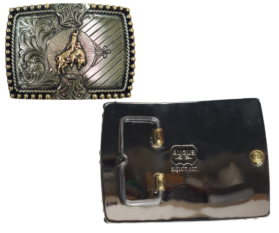 The Roughie buckle is made from German Silver (nickel and brass alloy) or iron metal base. Each one is punched, cut, soldered, engraved by our talented metal workers. In order to give you the quality and long lasting final product we also plate each piece with copper, nickel and silver.   Finally each piece is covered with a heat sealed lacquer to ensure the piece&