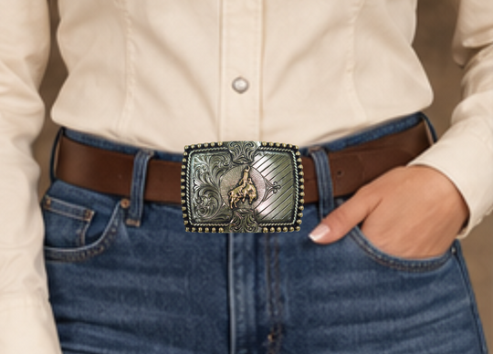 The Roughie buckle is made from German Silver (nickel and brass alloy) or iron metal base. Each one is punched, cut, soldered, engraved by our talented metal workers. In order to give you the quality and long lasting final product we also plate each piece with copper, nickel and silver.   Finally each piece is covered with a heat sealed lacquer to ensure the piece&