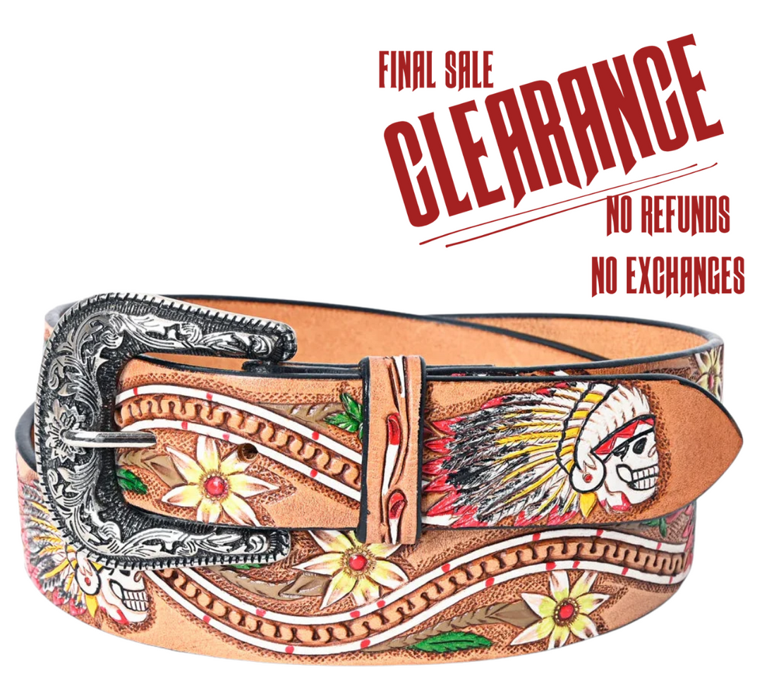 This all veg-tan Leather belt boasts a classic Western design, complete with a tooled Chief Skull/Flower design painted with bright colors . The stylish belt buckle, influenced by the Western aesthetic, can be easily removed and changed thanks to the screw post closure. Whether you choose to shop online or visit our Smyrna, TN store, not far from Famous downtown Nashville. Imported.