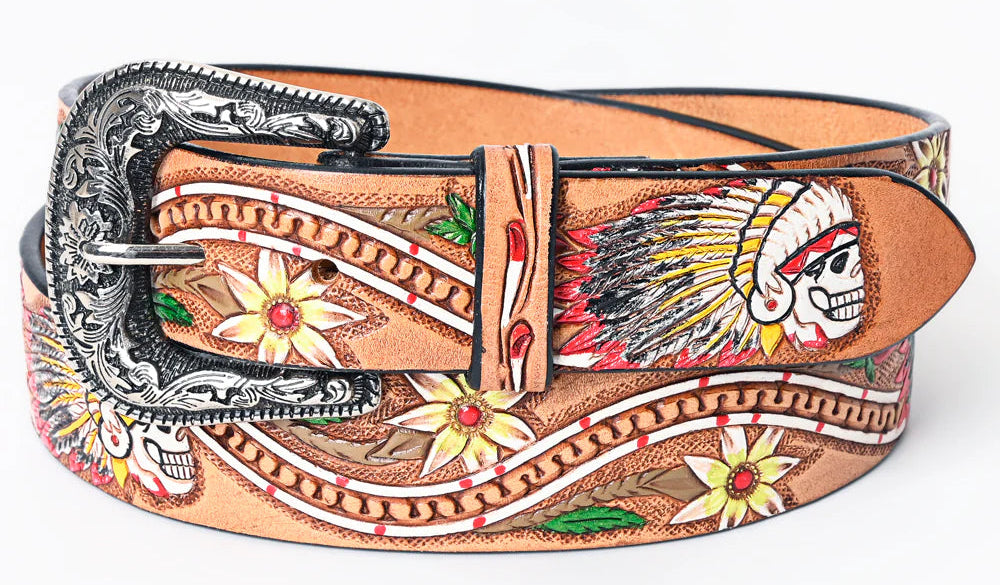 This all veg-tan Leather belt boasts a classic Western design, complete with a tooled Chief Skull/Flower design painted with bright colors . The stylish belt buckle, influenced by the Western aesthetic, can be easily removed and changed thanks to the screw post closure. Whether you choose to shop online or visit our Smyrna, TN store, not far from Famous downtown Nashville. Imported.