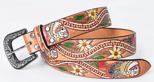 This all veg-tan Leather belt boasts a classic Western design, complete with a tooled Chief Skull/Flower design painted with bright colors . The stylish belt buckle, influenced by the Western aesthetic, can be easily removed and changed thanks to the screw post closure. Whether you choose to shop online or visit our Smyrna, TN store, not far from Famous downtown Nashville. Imported.