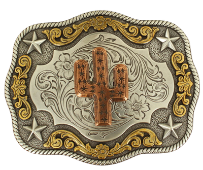 What if you could have the Wild West right at your fingertips? With the Saguaro Western Buckle, you can! Take your pick from antique silver, copper, and brass colors, and you'll have a buckle boasting stars, western scrollwork, a rope edge, and (of course!) a Saguaro cactus! Measuring 3" tall and 3 3/4" wide, it'll fit your belt up to 1 1/2" wide, Don't be shy—stop by our Smyrna, TN retail shop (or shop online) and get your buckle today! Imported