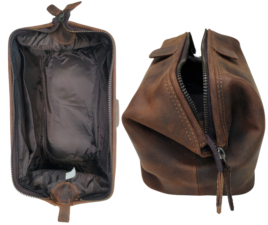 The Salesman, a Leather traveling Dopp bag, is available at our Smyrna, TN shop not far from Nashville. It has a framed opening that pops open with two pull tabs and zips closed. Lined with a slick fabric, there are 2 pockets on each side of a spacious main compartment.
Bag size: 9.75” x 4.5” x 4.75”