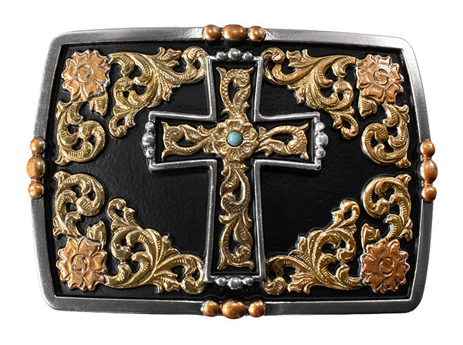 Our Sanctuary Buckle has a Cross motif in the center with a matte black background. Classic Western scrolling with Smooth edge pearl copper bead accents and a Turquoise colored center stone. Fit&