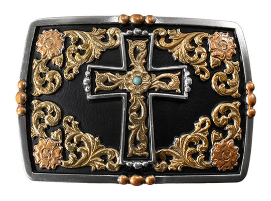 Our Sanctuary Buckle has a Cross motif in the center with a matte black background. Classic Western scrolling with Smooth edge pearl copper bead accents and a Turquoise colored center stone. Fit&