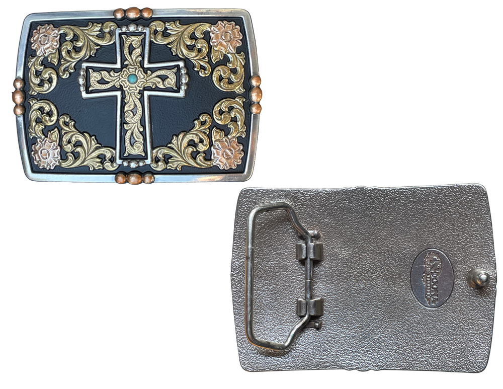 Our Sanctuary Buckle has a Cross motif in the center with a matte black background. Classic Western scrolling with Smooth edge pearl copper bead accents and a Turquoise colored center stone. Fit's up to 1 1/2" belts and the easy on the belly rectangle shape. Stop by our Smyrna, TN shop not far from Murfreesboro.

2-1/4 x 3-1/4
98% Zinc, 1% Iron, 1% Stone