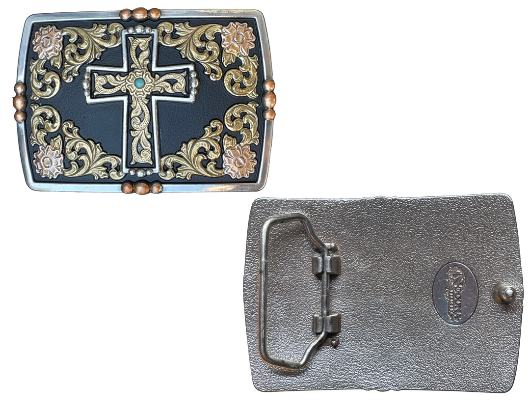 Our Sanctuary Buckle has a Cross motif in the center with a matte black background. Classic Western scrolling with Smooth edge pearl copper bead accents and a Turquoise colored center stone. Fit&