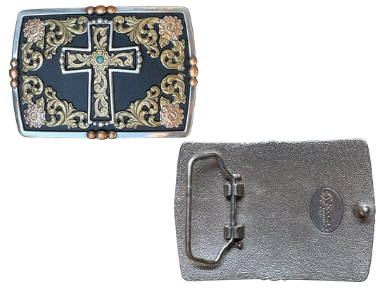 Our Sanctuary Buckle has a Cross motif in the center with a matte black background. Classic Western scrolling with Smooth edge pearl copper bead accents and a Turquoise colored center stone. Fit&