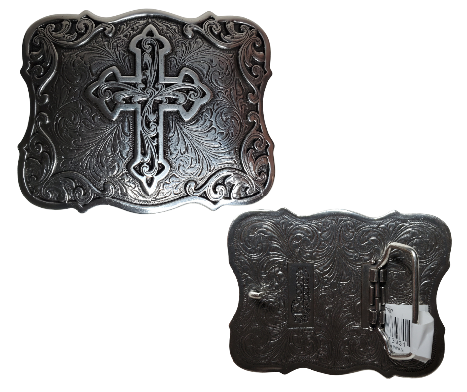 Adorn your wardrobe with an ornate Southwest influenced western-style scroll and Cross with an antique silver finish. It measures approx. 3" X 4" and will fit up to a 1 1/2" belt. It can be found both online and in our shop in Smyrna, TN, near Nashville.