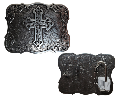 Adorn your wardrobe with an ornate Southwest influenced western-style scroll and Cross with an antique silver finish. It measures approx. 3" X 4" and will fit up to a 1 1/2" belt. It can be found both online and in our shop in Smyrna, TN, near Nashville.