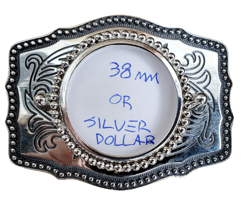 Classic Silver Dollar buckle for your Vintage Morgan Silver Dollars or bezels which are basically 38mm. Simply use a screwdriver to change out Coin. Size approx. 3 3/4" wide x 2 3/4" height, Fits up to 1 1/2" wide belts. Available in our shop in Smyrna, TN just outside Nashville as well as from this online store.