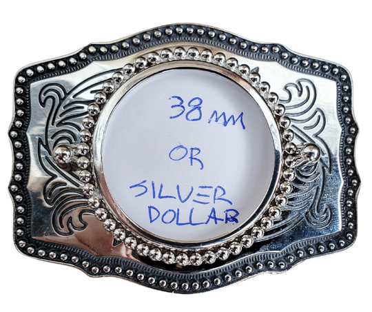 Classic Silver Dollar buckle for your Vintage Morgan Silver Dollars or bezels which are basically 38mm. Simply use a screwdriver to change out Coin. Size approx. 3 3/4" wide x 2 3/4" height, Fits up to 1 1/2" wide belts. Available in our shop in Smyrna, TN just outside Nashville as well as from this online store.