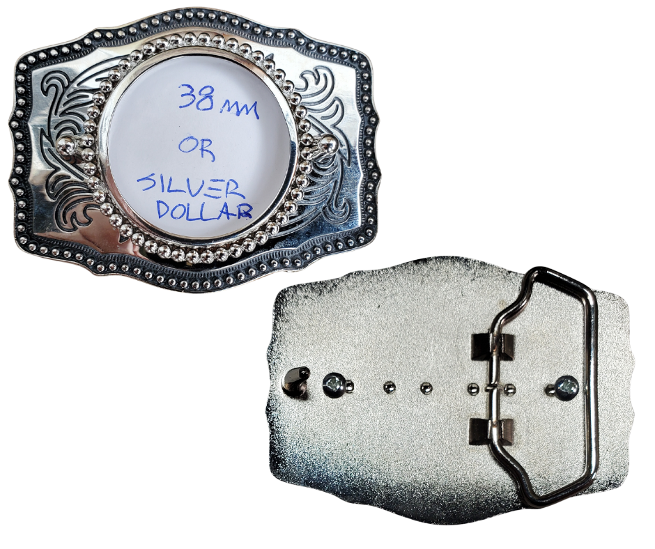 back view - Classic Silver Dollar buckle for your Vintage Morgan Silver Dollars or bezels which are basically 38mm. Simply use a screwdriver to change out Coin. Size approx. 3 3/4" wide x 2 3/4" height, Fits up to 1 1/2" wide belts. Available in our shop in Smyrna, TN just outside Nashville as well as from this online store.