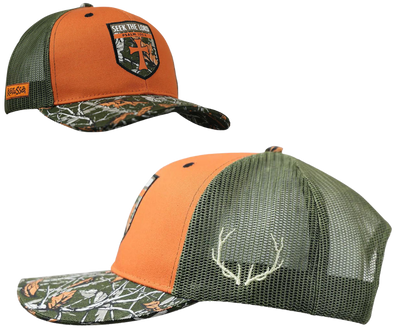 Seek out the Lord in this rugged in Camo/Orange. In every circumstance, and in the face of any challenge, seek knowledge, wisdom, and respite in your relationship with God as your first response. Seek yours at our Smyrna,TN shop a short drive from downtown Nashville.  Color: Orange/Camo Cotton Front/Mesh Back Mid-rise One Size Fits Most