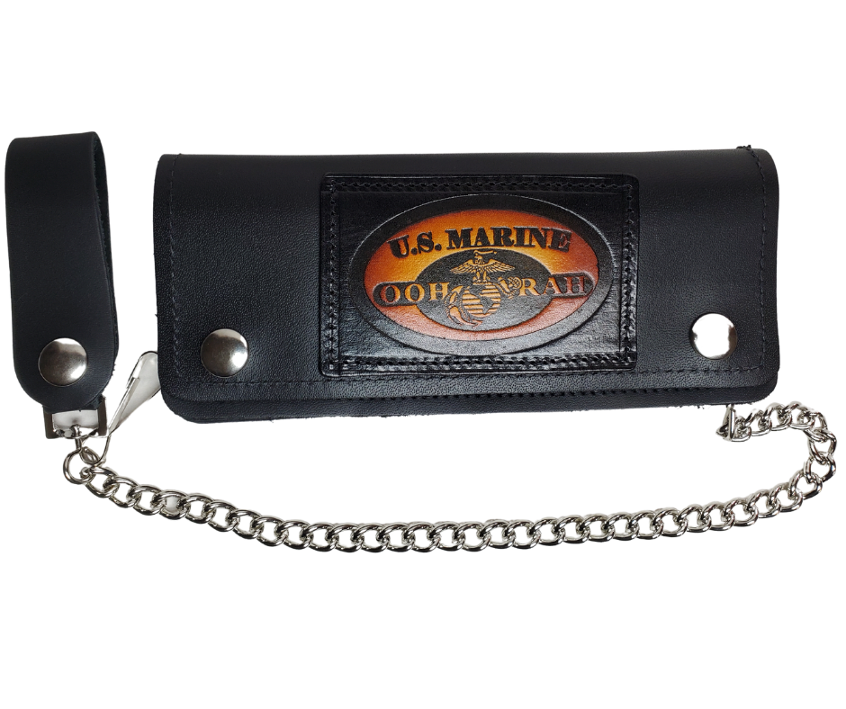 Classic Long Style Chain all leather Wallet with a licensed USMC stitched on leather patch.  2 Main Cash Slots for all your important stash and or receipts and your extra cards, 1 zipper pocket, 1 card slot on the top inside, 1 middle smaller slot. It's USA made and Buckle and Hide approved. A little over 7" in length. 2 snap closure. Complete with an 12" chrome plated chain including leather belt loop. In stock at our Smyrna TN shop a short drive from downtown Nashville.