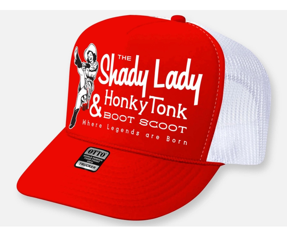 This curved bill Shady Lady cap is part of our new Classic Trucker Hat Collection. This&nbsp; trucker hat features a printed Old Honky Tonk graphic Red and White Foam vintage trucker Get yours now at our Smyrna, TN store or online! One size fits most y’all.