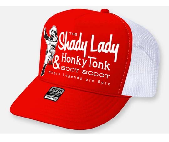 This curved bill Shady Lady cap is part of our new Classic Trucker Hat Collection. This&nbsp; trucker hat features a printed Old Honky Tonk graphic Red and White Foam vintage trucker Get yours now at our Smyrna, TN store or online! One size fits most y’all.