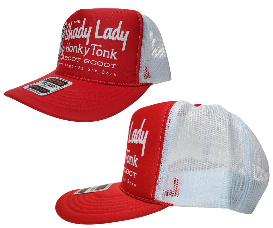 This curved bill Shady Lady cap is part of our new Classic Trucker Hat Collection. This&nbsp; trucker hat features a printed Old Honky Tonk graphic Red and White Foam vintage trucker Get yours now at our Smyrna, TN store or online! One size fits most y’all.