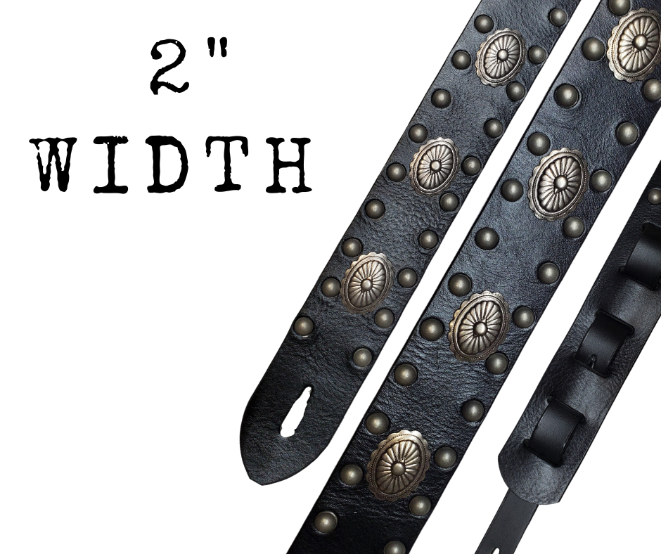 Les Paul's and Billy Gibbon's have been staple for years in Rock music!  "This 2" wide Guitar Strap is a nod to that classic influence. It's made from Pebbled Veg-Tan Cowhide and after some gig's it'll look like you bought in a Vintage shop. The classic adjustment style goes from approx. 42" to 56" at it's longest . Made just outside Nashville in our Smyrna, TN. shop. It will need a bit of time to "break in" but will get a great patina over time.   