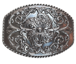 This stylish Antique Silver buckle features an Oval shape with a raised western scroll pattern. It is designed to fit 1 1/2" belts and measures approximately 2.5" x.3", Imported