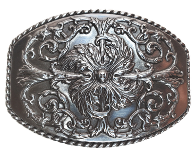 This stylish Antique Silver buckle features an Oval shape with a raised western scroll pattern. It is designed to fit 1 1/2" belts and measures approximately 2.5" x.3", Imported