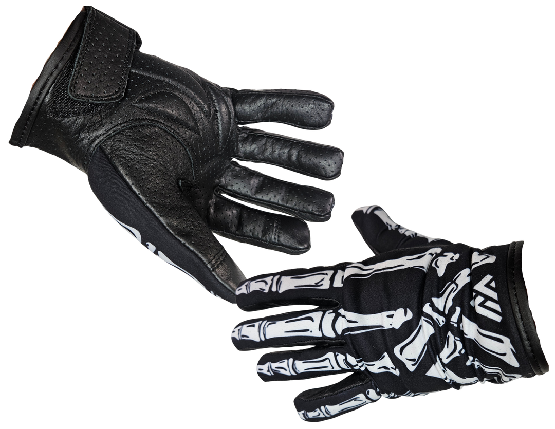 Skeleton gloves are a new take on riding gloves. The Perforated soft leather palms combined the printed soft cotton tops create a comfortable fit that will become your favorites. Now stocked at our Smyrna, TN shop.

Sizes S-5X