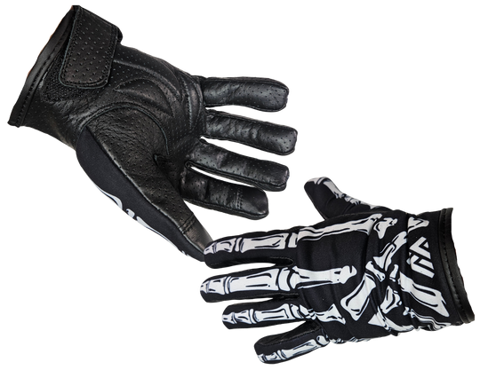 Skeleton gloves are a new take on riding gloves. The Perforated soft leather palms combined the printed soft cotton tops create a comfortable fit that will become your favorites. Now stocked at our Smyrna, TN shop.

Sizes S-5X