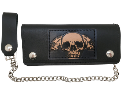 <span><span>3 Skulls pattern all leather patch on a </span></span><span style="font-size: 0.875rem;">Classic Style Chain Wallet, great for the Modern minimalist. One credit card slot in the front with 2 main cash or whatever your STUFF is....5 year old receipts, concert stub from high school, the stuff you forgot was in there!</span><span style="font-size: 0.875rem;"> <span data-mce-fragment="1">Available in our Smyrna, TN shop a short drive from downtown Nashville.</span></span>