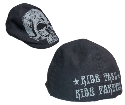 Defy the ordinary with a Skull Drivers Cap, featuring a striking printed Skull across the front, and "Ride Fast-Ride Forever" with two stars across the back. Enjoy classic coolness. Take the plunge and get yours today at our Smyrna, Tn shop, only a quick drive from Nashville. Imported.  One size fits most