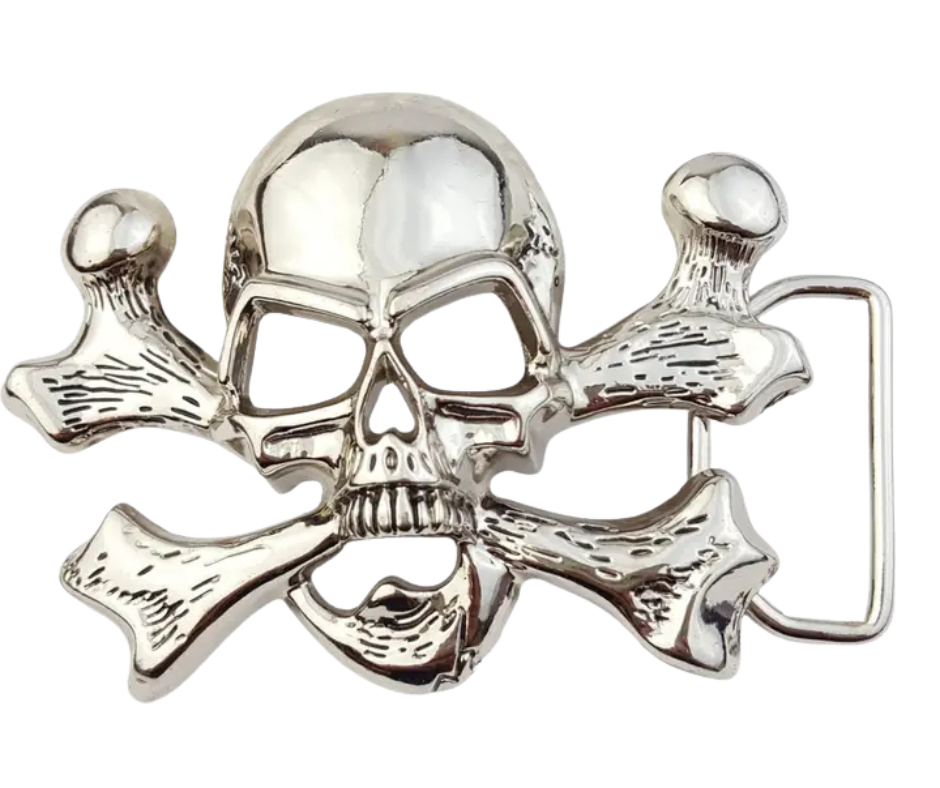 The "Jolly Roger" buckle features the iconic skull and crossbones design. It fits any standard 1 1/2" belt and shines with a polished silver finish. Measuring about 3" by 4", this bold buckle is ready to add some pirate flair. Grab yours online or visit us in Smyrna, TN, near Nashville.