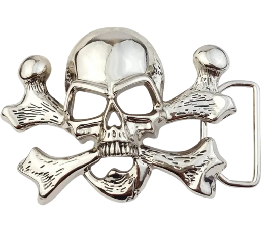 The "Jolly Roger" buckle features the iconic skull and crossbones design. It fits any standard 1 1/2" belt and shines with a polished silver finish. Measuring about 3" by 4", this bold buckle is ready to add some pirate flair. Grab yours online or visit us in Smyrna, TN, near Nashville.