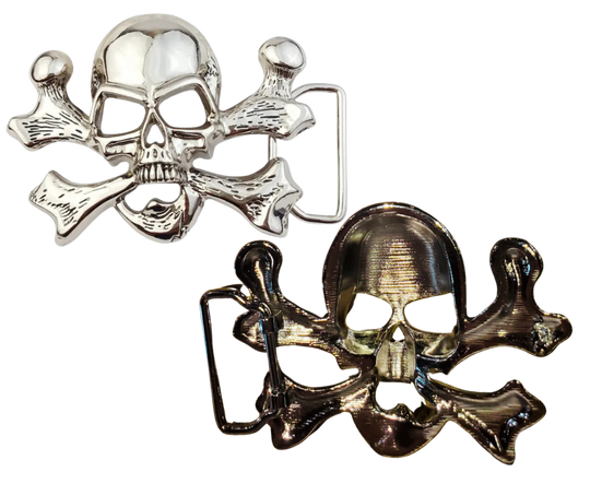The "Jolly Roger" buckle features the iconic skull and crossbones design. It fits any standard 1 1/2" belt and shines with a polished silver finish. Measuring about 3" by 4", this bold buckle is ready to add some pirate flair. Grab yours online or visit us in Smyrna, TN, near Nashville.