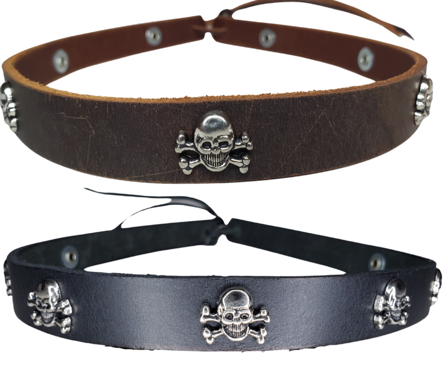 Get a little Edgy with our Skull and Cross bone hatband! Our 7 Skull concho leather hatband is 3/4" wide by 23" (without tie string). Available in black or brown, pick one or a few. Fit's most any hat with adjustable bead and leather 1/8" string. Will fit most TOP HAT style and WESTERN crowned hats. Made in our Smyrna, TN shop.