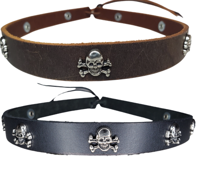 Get a little Edgy with our Skull and Cross bone hatband! Our 7 Skull concho leather hatband is 3/4" wide by 23" (without tie string). Available in black or brown, pick one or a few. Fit's most any hat with adjustable bead and leather 1/8" string. Will fit most TOP HAT style and WESTERN crowned hats. Made in our Smyrna, TN shop.