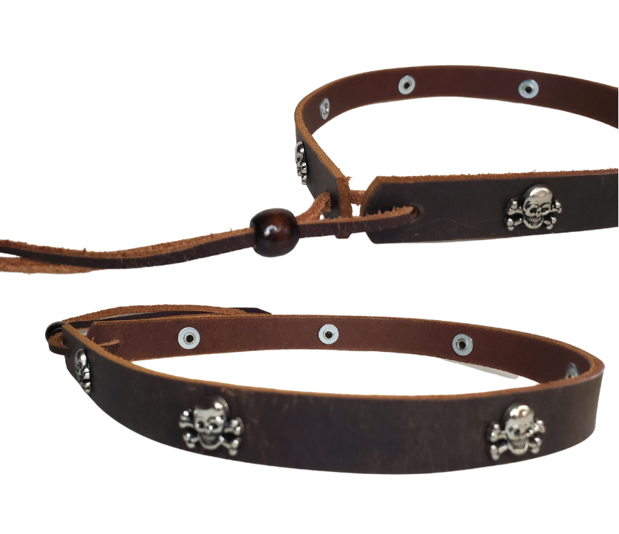 Get a little Edgy with our Skull and Cross bone hatband! Our 7 Skull concho leather hatband is 3/4" wide by 23" (without tie string). Available in black or brown, pick one or a few. Fit's most any hat with adjustable bead and leather 1/8" string. Will fit most TOP HAT style and WESTERN crowned hats. Made in our Smyrna, TN shop.