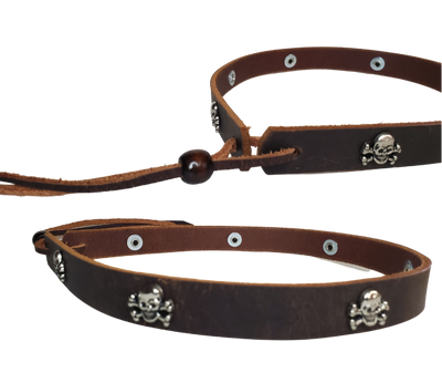 Get a little Edgy with our Skull and Cross bone hatband! Our 7 Skull concho leather hatband is 3/4" wide by 23" (without tie string). Available in black or brown, pick one or a few. Fit's most any hat with adjustable bead and leather 1/8" string. Will fit most TOP HAT style and WESTERN crowned hats. Made in our Smyrna, TN shop.