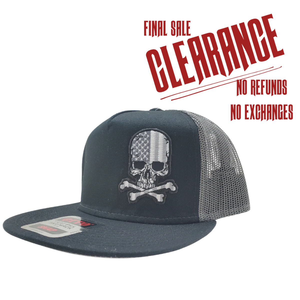 Black Flat Bill Cap with Gray mesh back. Front has a Silver embroidered patch of a skull graphic filled with the American Flag. Structured top to keep its shape. Sold at our shop just outside Nashville in Smyrna, TN.