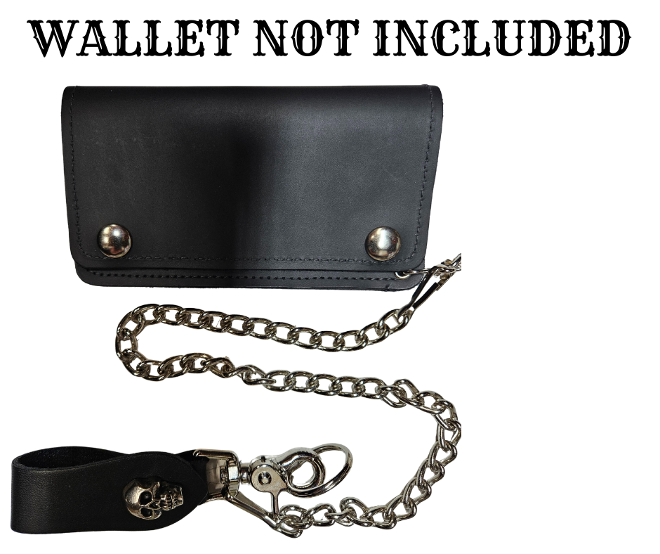 This Vintage style Steel Chain with a Skull Head Concho. Simple but Sturdy and will keep your wallet where it needs to be. The Leather loop, decorated with a Skull concho, attaches to your jeans and the split ring attaches to your wallet. Chrome plated. Ride down and get yours in our shop just outside Nashville in Smyrna, TN.

18" Chain Length
Leather belt tab
