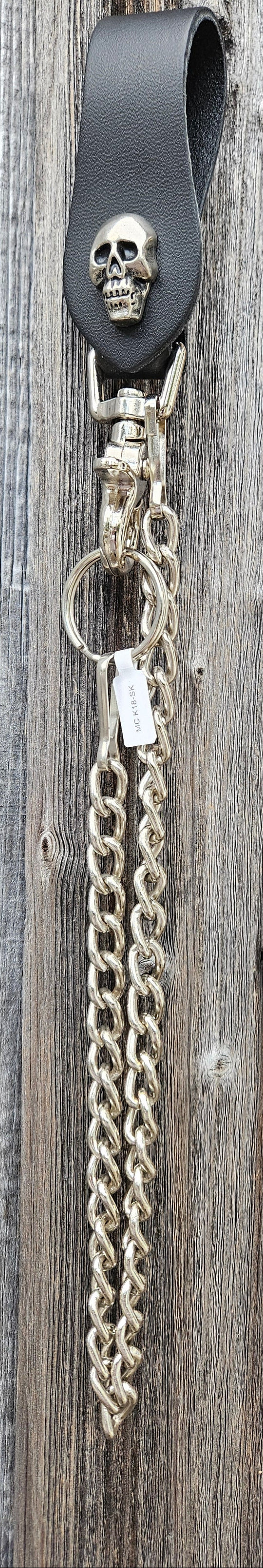 This Vintage style Steel Chain with a Skull Head Concho. Simple but Sturdy and will keep your wallet where it needs to be. The Leather loop, decorated with a Skull concho, attaches to your jeans and the split ring attaches to your wallet. Chrome plated. Ride down and get yours in our shop just outside Nashville in Smyrna, TN.

18" Chain Length
Leather belt tab