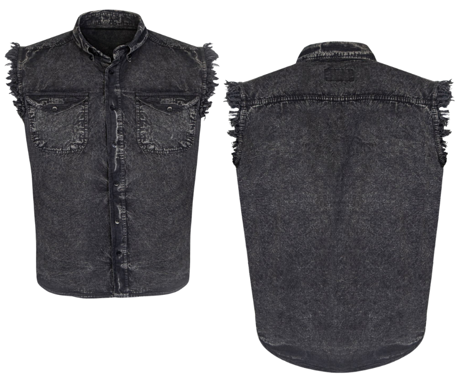Classic Stonewash Frayed Sleeveless Shirt. The perfect shirt for those warm summer rides. Now in stock at our Smyrna, TN not far from Bumpus HD in Murfreesboro.

100% Cotton
Stonewashed for worn look
Two Chest Pockets
Button down collar to keep it from slapping on face
Buttoned front