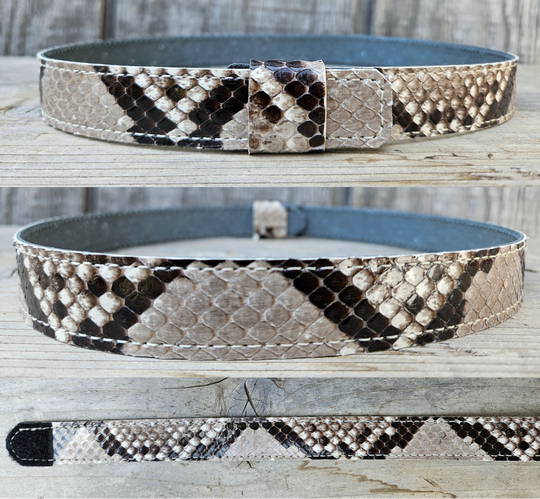 The Headliner Python Snake Skin Hatband is cut to show the back pattern. This band is 1" in width and adjust with a Velcro loop that you can tighten or loose to fit your favorite hats. You can bring your hat and try them out if you come to our Smyrna, TN shop not far from Nashville.

Please keep in mind the patterns will ALWAYS vary since this is a natural skin, these are NOT manufactured skins.
Center Cut is a more defined scale pattern&amp;nbsp;
Side cut has more a mix of colors