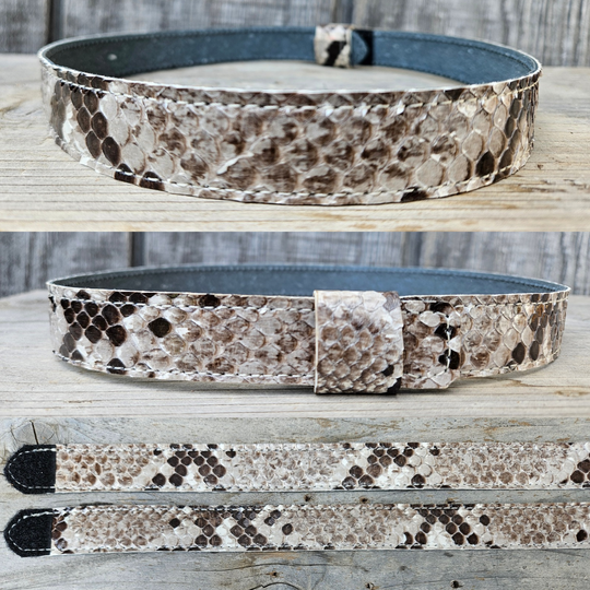 The Headliner Python Snake Skin Hatband is cut to show the back pattern. This band is 1" in width and adjust with a Velcro loop that you can tighten or loose to fit your favorite hats. You can bring your hat and try them out if you come to our Smyrna, TN shop not far from Nashville.

Please keep in mind the patterns will ALWAYS vary since this is a natural skin, these are NOT manufactured skins.
Center Cut is a more defined scale pattern&amp;nbsp;
Side cut has more a mix of colors