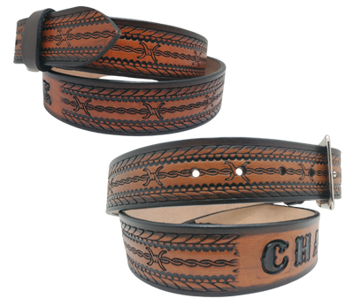 Get ready for an unforgettable adventure with The "Stampede" Name Belt! This one-of-a-kind belt features a 1 1/2" width and is hand-stained with a strip of vegetable tanned leather. The bold design includes a Rope border and Barbwire center pattern, while the solid brass buckle in antique nickel finish adds a touch of ruggedness. Handcrafted at our shop in Smyrna, Tennessee, just outside Nashville.