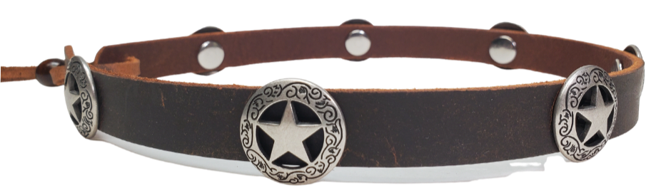 Distressed Brown. Our 7 Western Star Concho leather hatband is 3/4" wide by 23" (without tie string). Available in black or brown, pick one or a few. Fit's most any hat with adjustable bead and leather 1/8" string. Will fit most TOP HAT style and WESTERN crowned hats. Made in our Smyrna Tn. shop.