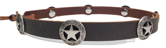 Distressed Brown. Our 7 Western Star Concho leather hatband is 3/4" wide by 23" (without tie string). Available in black or brown, pick one or a few. Fit's most any hat with adjustable bead and leather 1/8" string. Will fit most TOP HAT style and WESTERN crowned hats. Made in our Smyrna Tn. shop.