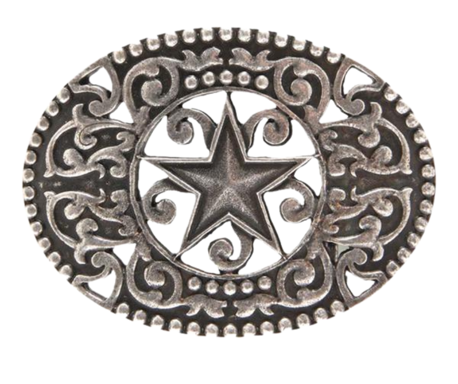 Discover the traditional Western scrolls, Filigree vines design with a Star right in the center.  This antique silver buckle is highlighted with a partial beaded edge border. Fit's up 1 3/4" belts and is approx. 2 3/4" H x 3 1/4" W. Available at our Smyrna, TN shop, just a quick drive away from Nashville.
