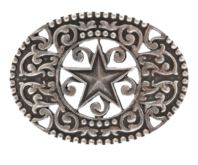 Discover the traditional Western scrolls, Filigree vines design with a Star right in the center.  This antique silver buckle is highlighted with a partial beaded edge border. Fit's up 1 3/4" belts and is approx. 2 3/4" H x 3 1/4" W. Available at our Smyrna, TN shop, just a quick drive away from Nashville.